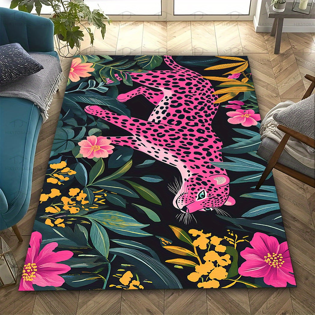 Jungle Pink Leopard & Floral Design Carpet Print Modern Stylish Room ...