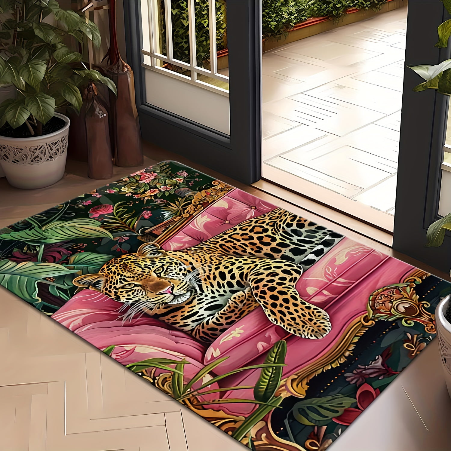 Jungle Pink Leopard & Floral Design Carpet Print Modern Stylish Room ...