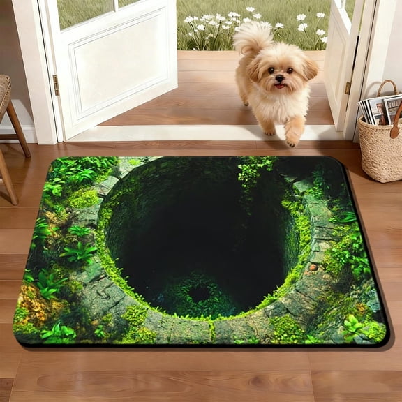 Jungle Pit 3D Illusion Door Mat 16x24 Inches, Forest Theme Absorbent Non-Slip Rug, Indoor Outdoor Entrance Bath Kitchen Mat with Deep Hole Visual Effect, Novelty Home Floor Decor