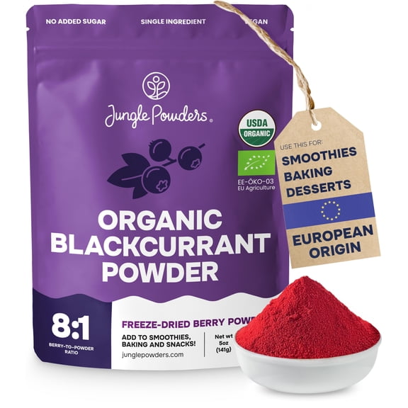 Jungle Powders Black Currant GGA1 Powder Organic 5 USDA Certified Freeze Dried Black Currants for Recovery - Rich In Anthocyanins & Polyphenols Blackcurrant Extract for Smoothies, Tea, Baking