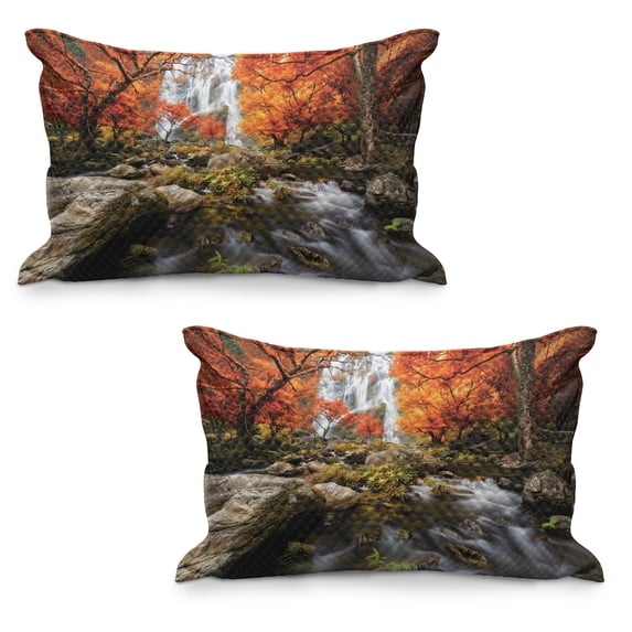 Jungle Quilted Pillowcover Set of 2, Trees Scenic Thai Waterfall and River Park in The Autumn Season Stream on Rocks, Standard Queen Size Pillow Cover Bedroom, 36" x 20", Brown Orange, by Ambesonne