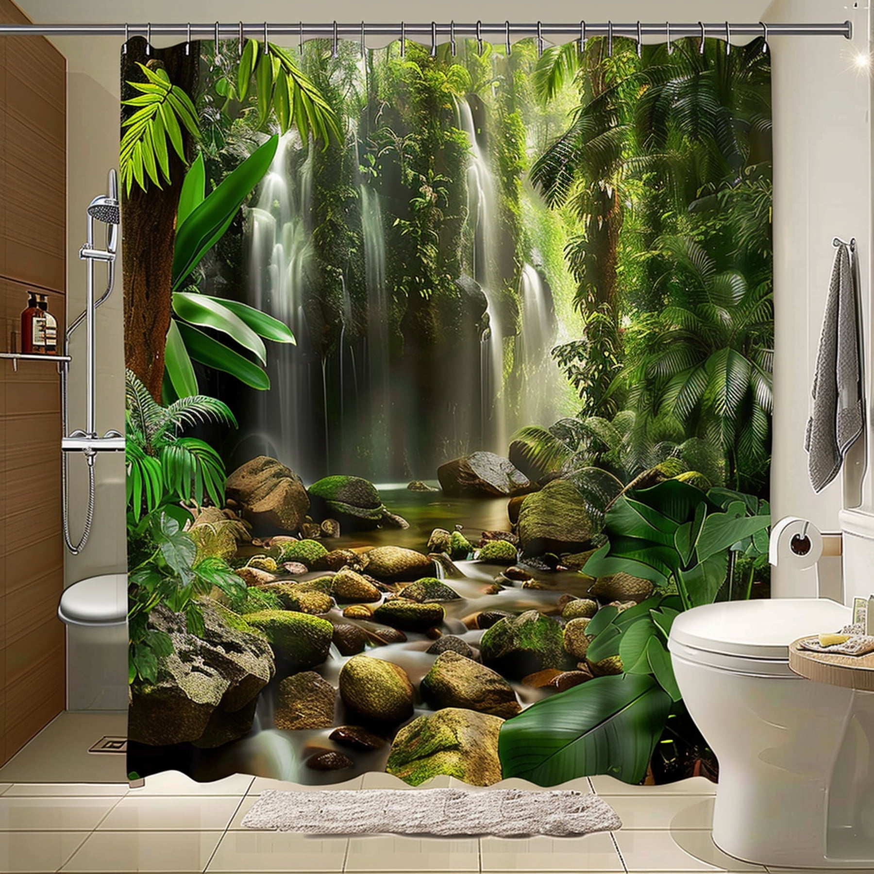Jungle Rainforest Shower Curtain with Stone Stream and Greenery Highly
