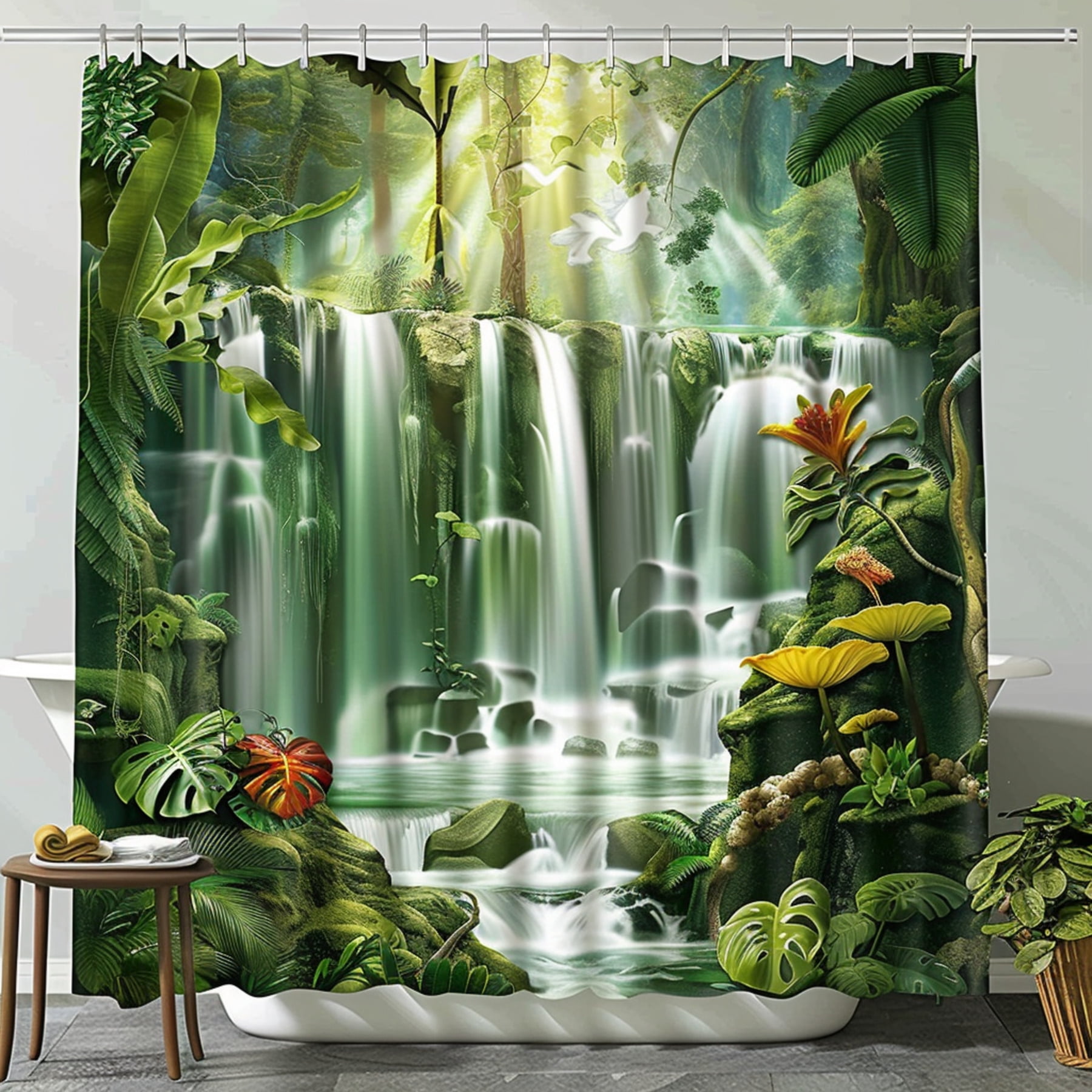 Jungle Rainforest Waterfall Shower Curtain Tropical Theme Bathroom
