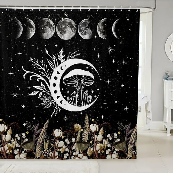 Jungle Rustic Wild Burgundy Plant Shower Curtain with Hooks,Bohemian Mysterious Moon Starry Sky Room Decor Bath Curtain,Trippy Wild Mushroom Bathroom Accessories Waterproof Panel,72x 84 Inches