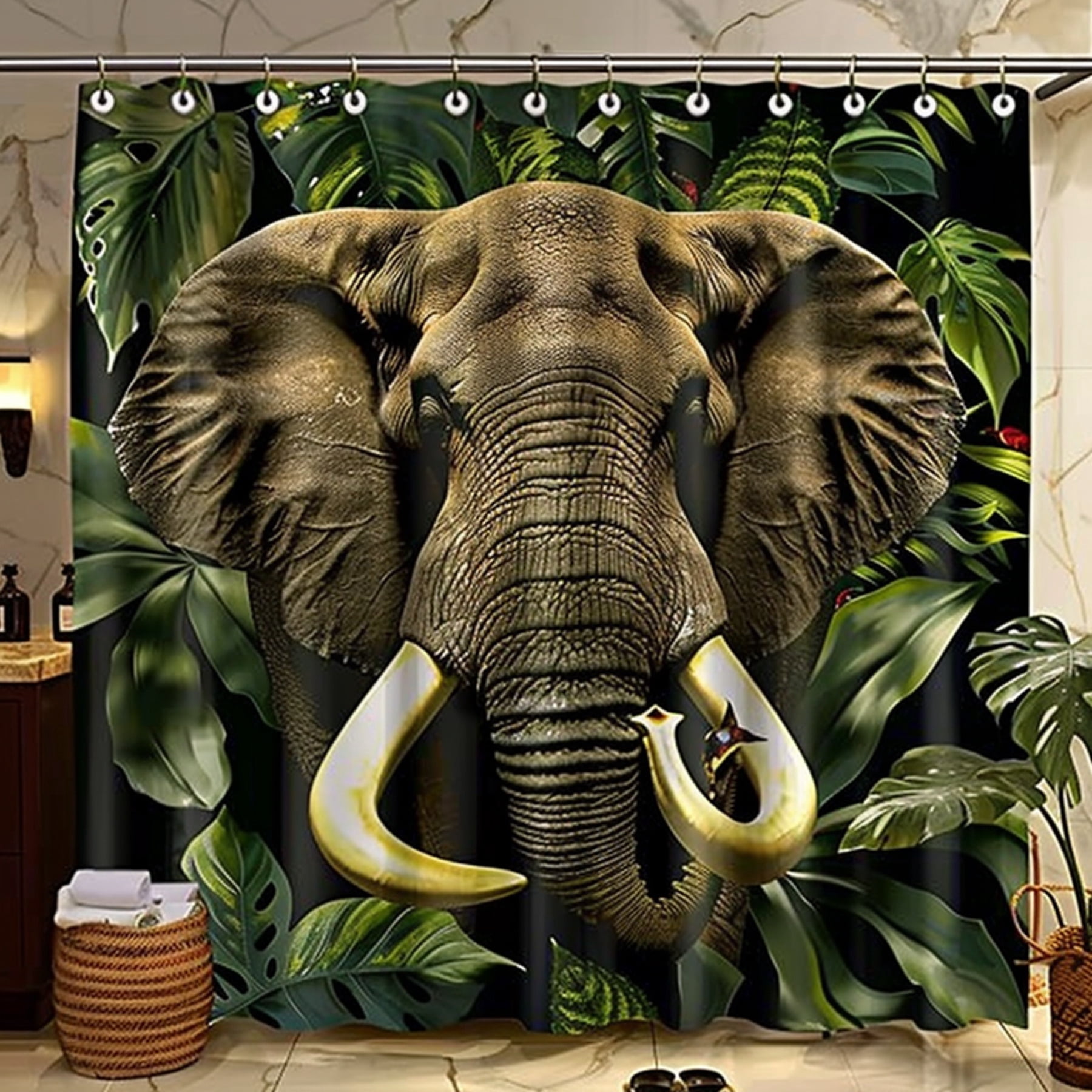 Jungle Safari Adventure Shower Curtain Cotton Elephant Monstera Plants African Bull Print ...