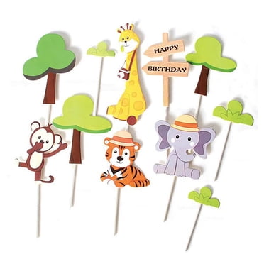 Jungle Safari Animal Cake Topper Set With Lion, Giraffe, Monkey, Elephant & Palm Tree