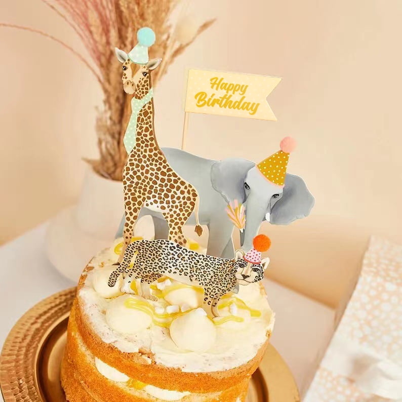 40 Pcs Safari Animal Birthday Cake Toppers - Mini Wild Animal Figures, Hats & Leaves For Jungle Themed Parties, Cupcake Decorations