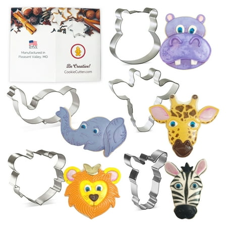 Jungle Safari Animal Faces Cookie Cutter 5 Pc Set - Circus Elephant Face, Giraffe Face, Hippo Face, Lion Face, Zebra Face & Recipe - USA