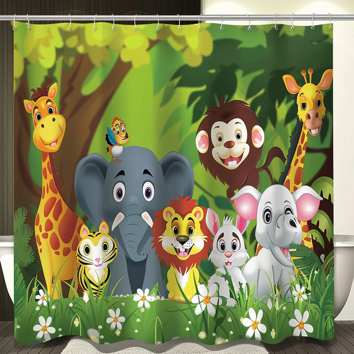 Bonhause Jungle Animal Shower Curtain - 72x72 Inch, Waterproof Polyester With Giraffe & Elephant Print
