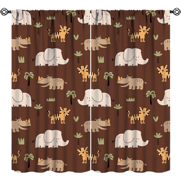 Jungle Safari Animals Blackout Curtains Cartoon Tropical Forest Animals Elephant Tiger Brown Art Print for Kids Boys Bedroom Nursery Rod Pocket Decoration Window Drapes 2 Panels W42xL54in