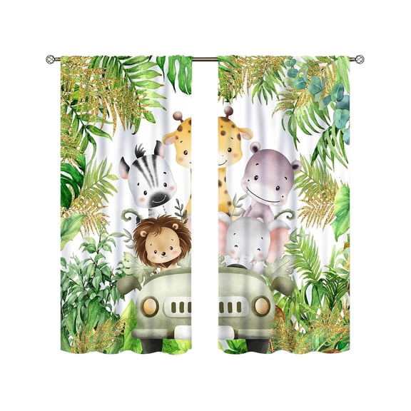 Jungle Safari Animals Print Window Curtains, Watercolor Tropical Leaves Lion Elephant Giraffe Zebra Pattern Drapes, Rod Pocket Decorative Curtain Panels for Kids Bedroom, Nursery & Playroom