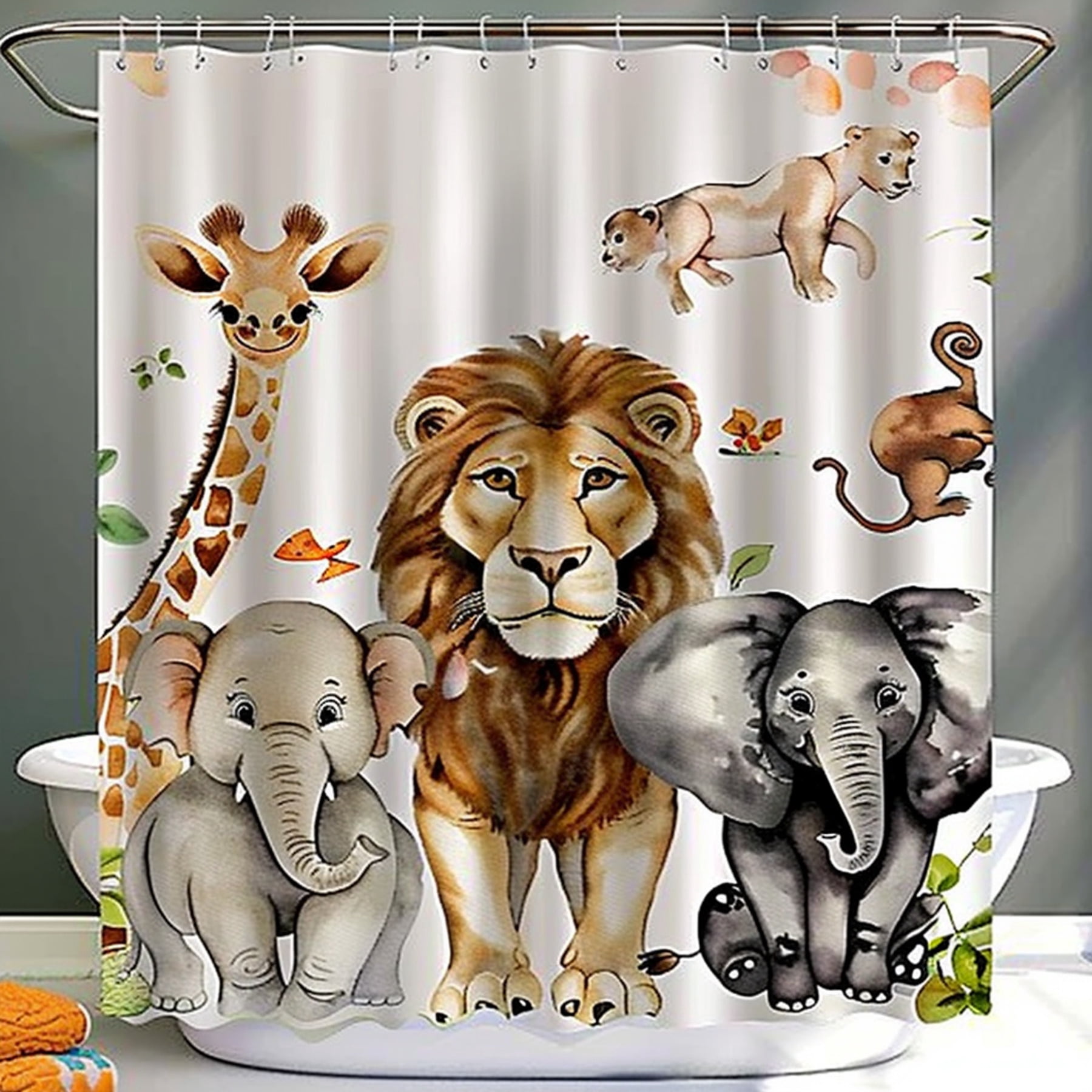 Jungle Safari Animals Watercolor Shower Curtain for Kids Bathroom Hyper ...