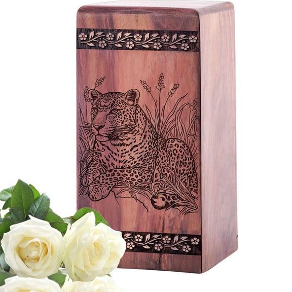 Jungle Safari Cheetah Wood Urns for Human Ashes Adult - Engraved Wooden Urn Ash Holder - Cremation Urn - Decorative Urns - Ash Keepsake - 11.25inch, Large Size - 1Pcs Pack