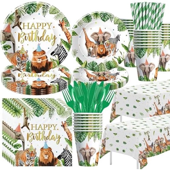 Jungle Safari Party Decorations for Birthday Baby Shower, Zoo Wild Animal Birthday Party Supplies, Paper Plates and Napkins Set, Cups, Straws, Cutlery, Tablecloth, 24 Guests