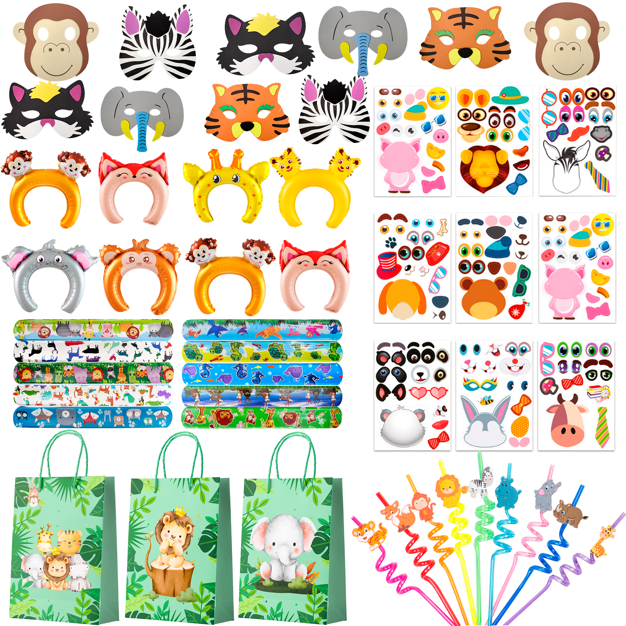 Jungle Safari Party Favors, 60pcs Jungle Safari Birthday Party Favors Set Includes Safari Party Slap Bracelets Stickers Straws Balloon, Animal Mask, Safari Goodie Bags