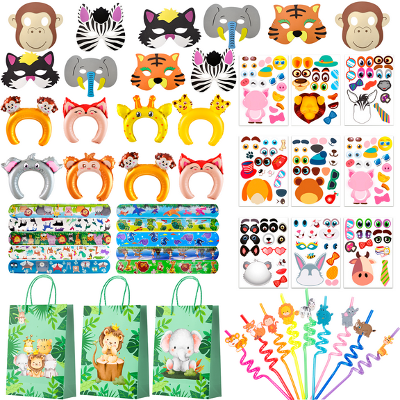 Jungle Safari Party Favors, 60pcs Jungle Safari Birthday Party Favors Set Includes Safari Party Slap Bracelets Stickers Straws Balloon, Animal Mask, Safari Goodie Bags