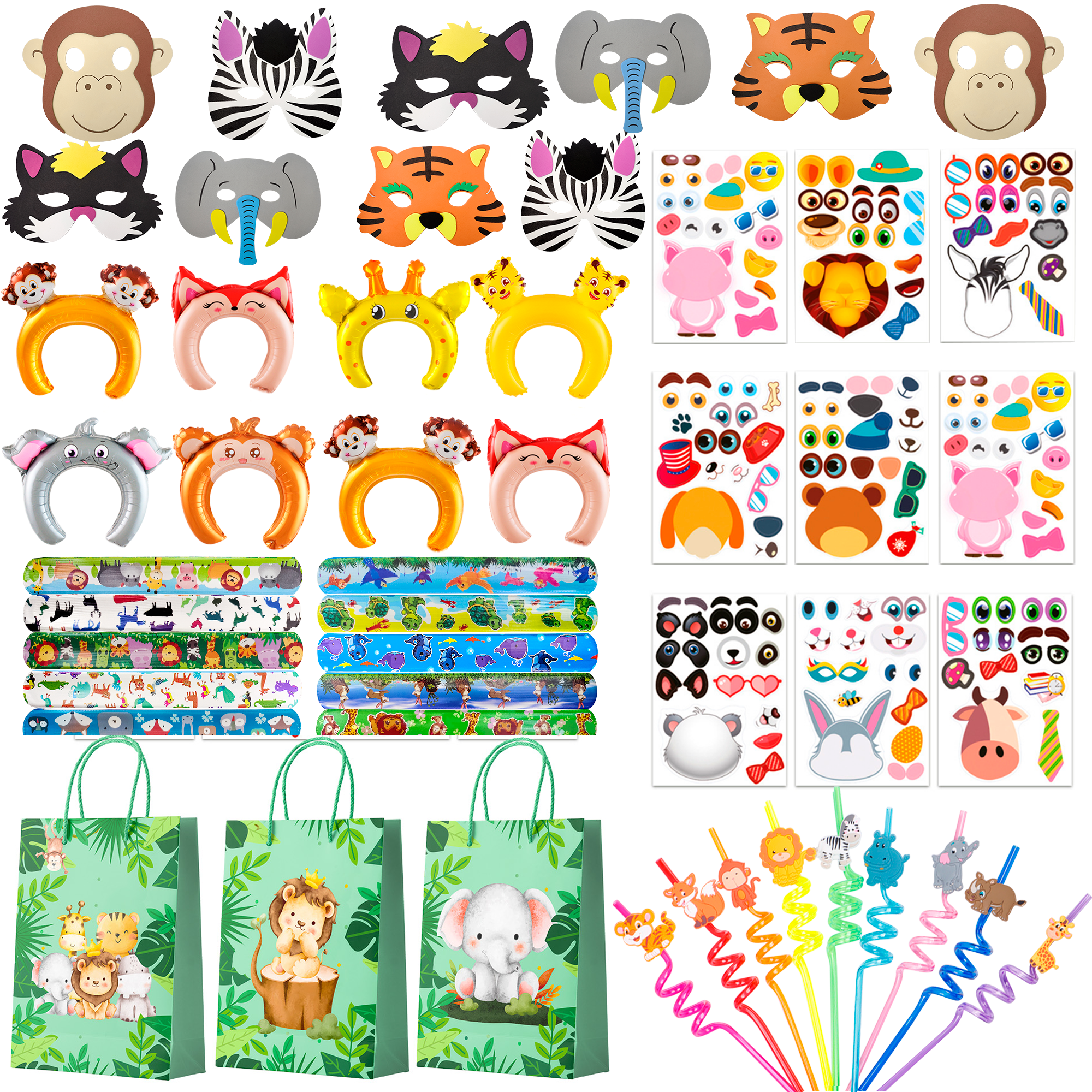 Jungle Safari Party Favors, 60pcs Jungle Safari Birthday Party Favors Set - Safari Party Slap Bracelets Stickers Straws Balloon, Animal Mask, Safari Goodie Bags etc Jungle Party Favors for Kids