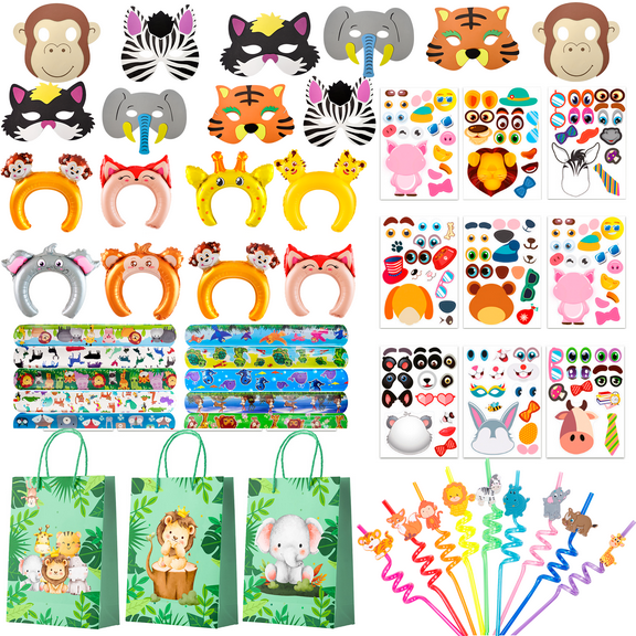 Jungle Safari Party Favors, 60pcs Jungle Safari Birthday Party Favors Set - Safari Party Slap Bracelets Stickers Straws Balloon, Animal Mask, Safari Goodie Bags etc Jungle Party Favors for Kids