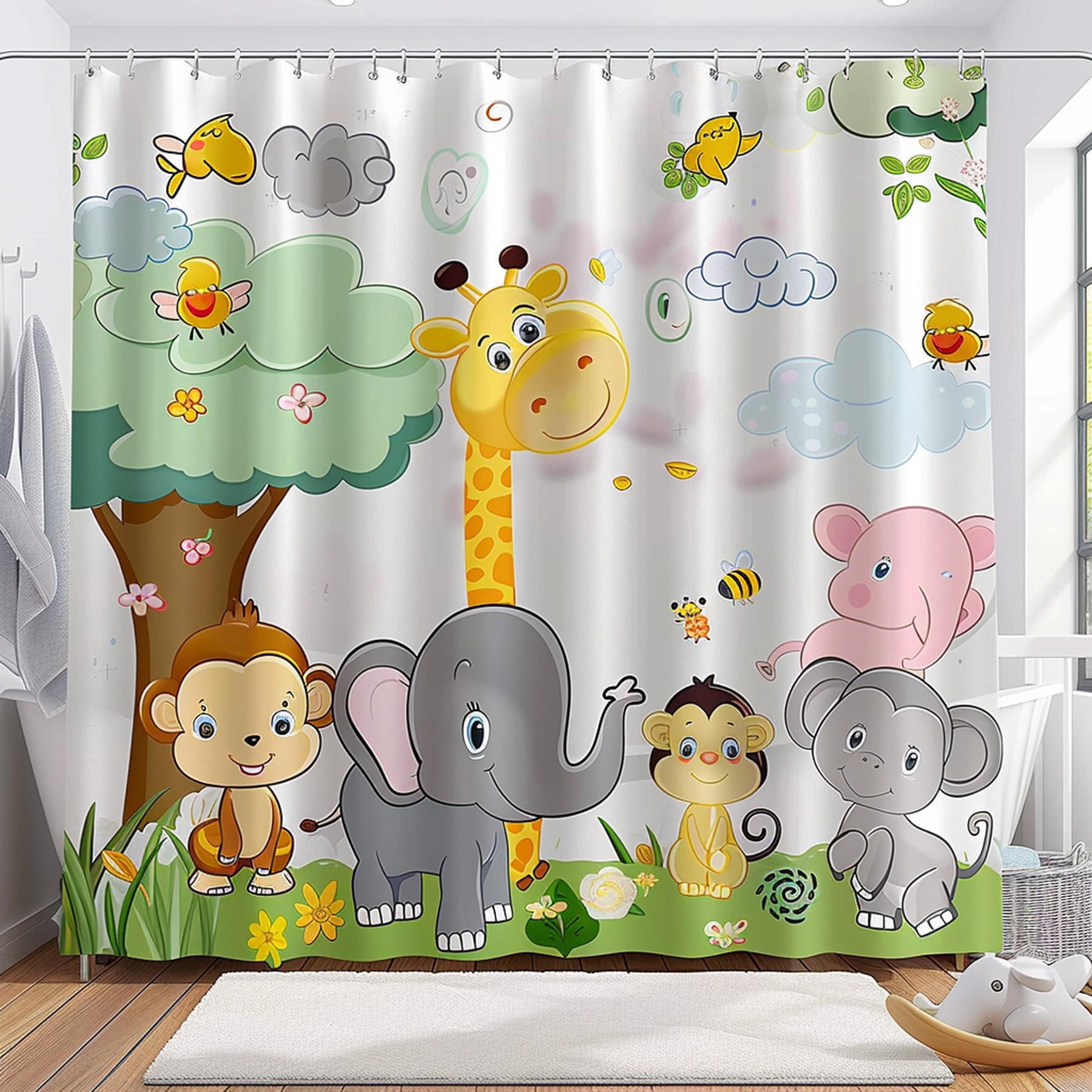 Jungle Safari Shower Curtain Adorable Baby Animals & Trees Design for ...