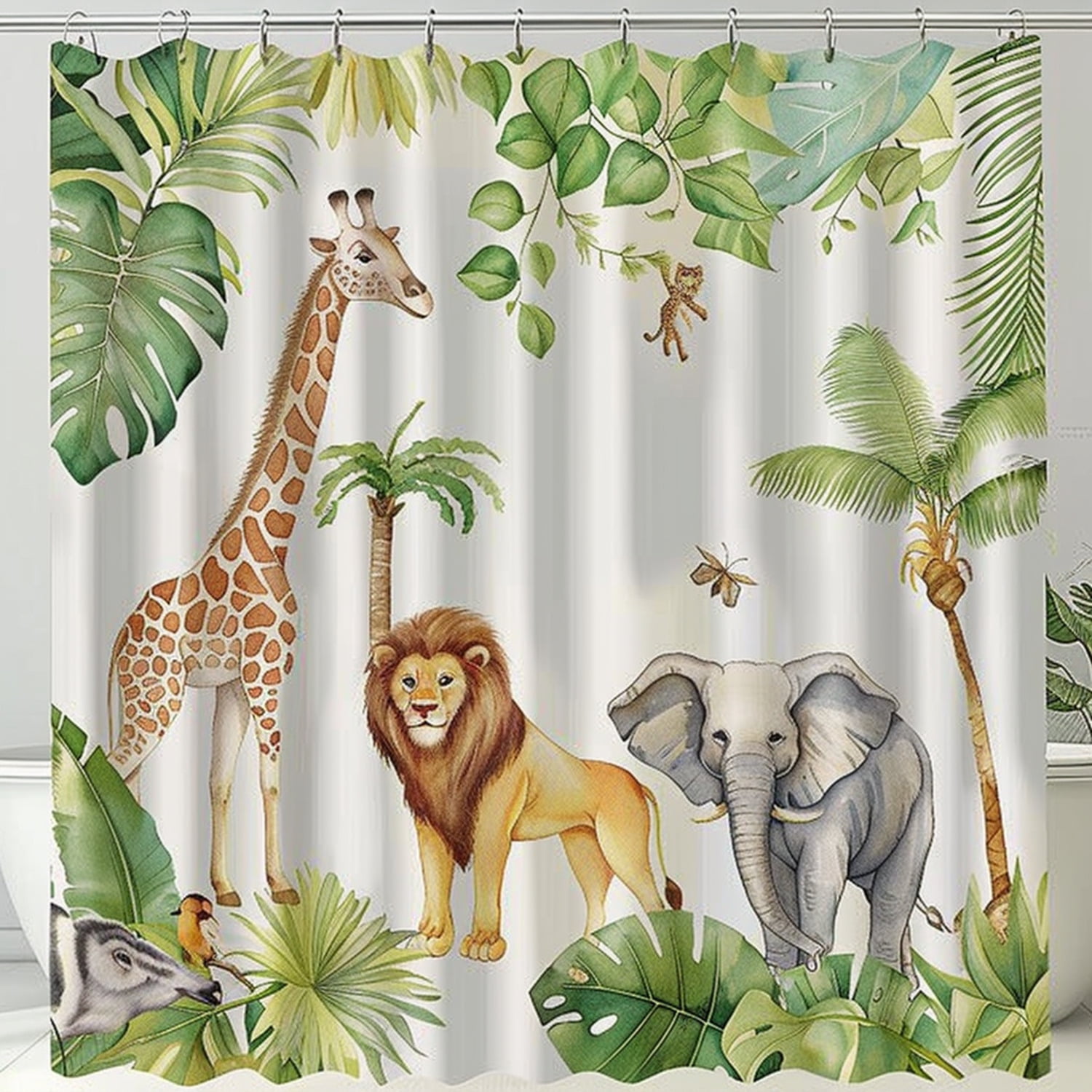 Jungle Safari Shower Curtain Set Lion Giraffe Elephant Palm Tree Baby