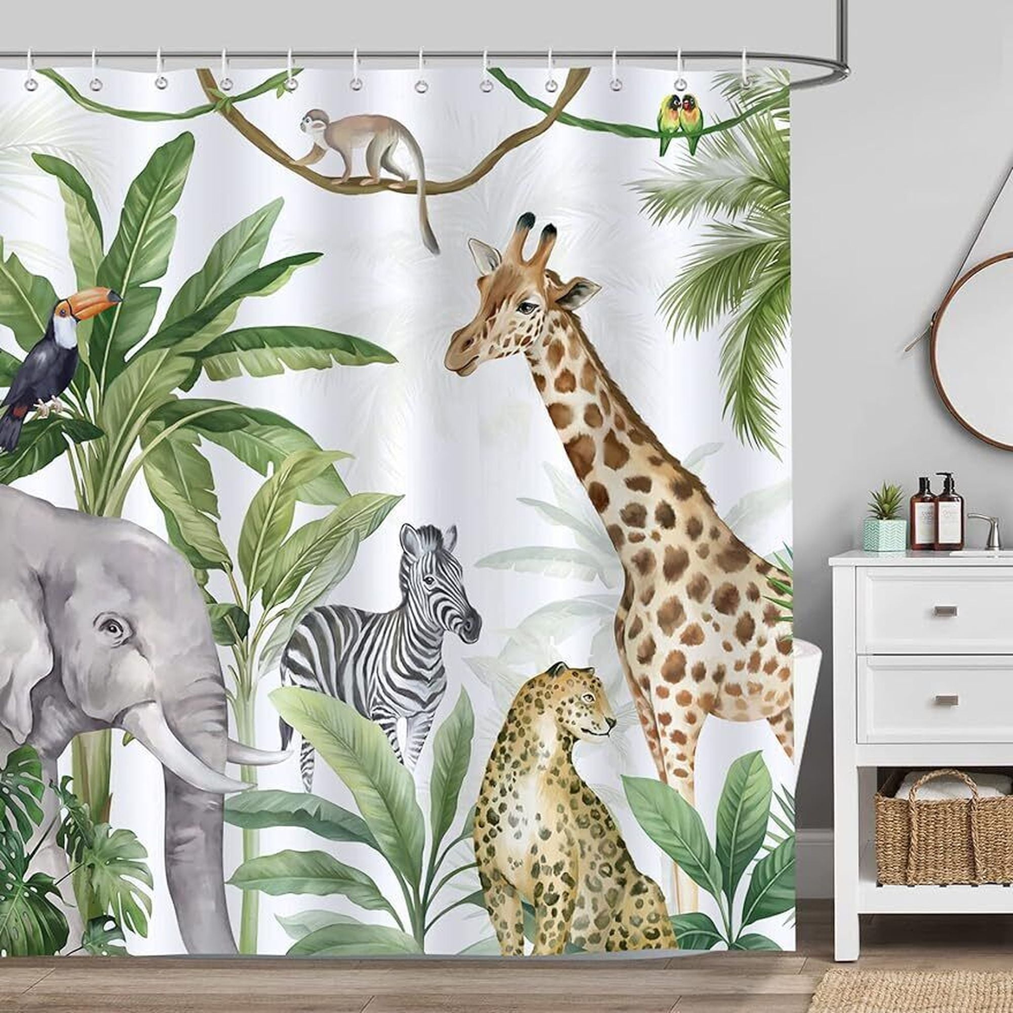 Jungle Safari Shower Curtain Tropical Rainforest Wildlife Decor with