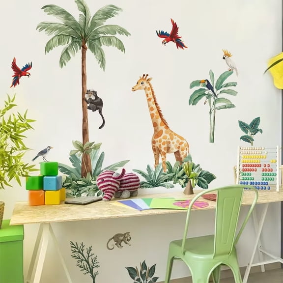 Jungle Safari bird Animals Wall Stickers Giraffe Wall Stickers monkey Decals Large Palm Tree DIY Removable Peel and Stick Wall Art Decals for Baby Nursery Kids Bedroom