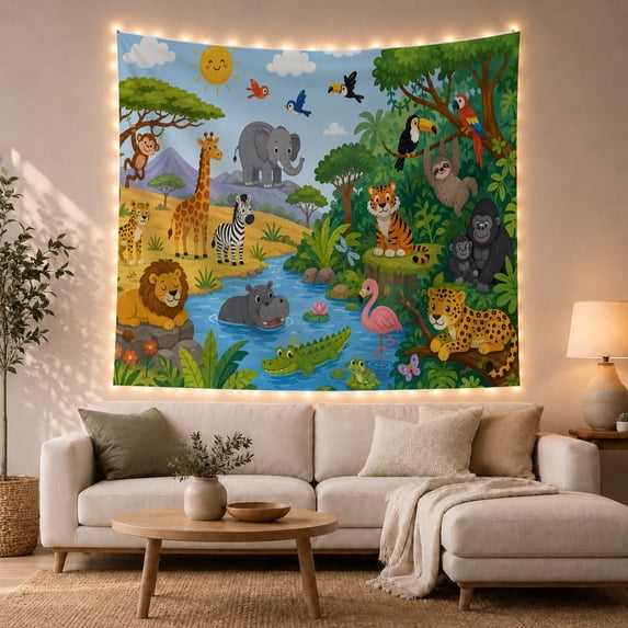 Jungle Savanna Bright with Fluffy Clouds Smiling Environment, Mystical Fantasy for Space Lovers, Galaxy Room Decor, Friendship Gift, Tapestry Wall Hanging for Bedroom and Dorm