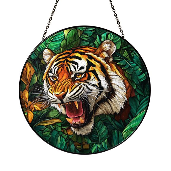 Jungle Scene Tiger Window Hanging – Decorative Stained Glass Look Art
