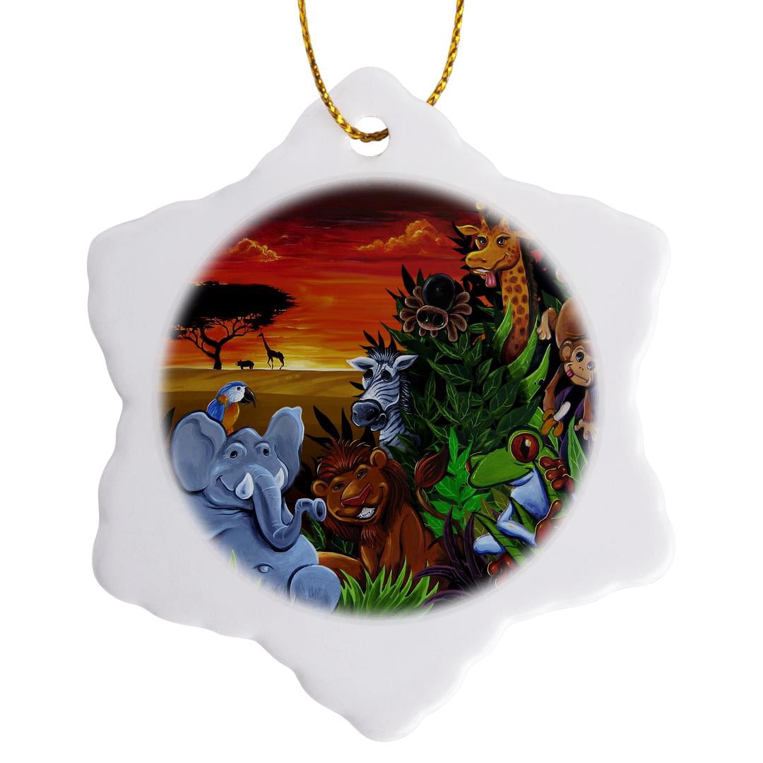 Zebra Snowflake 3drose, Jungle Scene with an Elephant, Parot, Tree Frog, Zebra, and ...