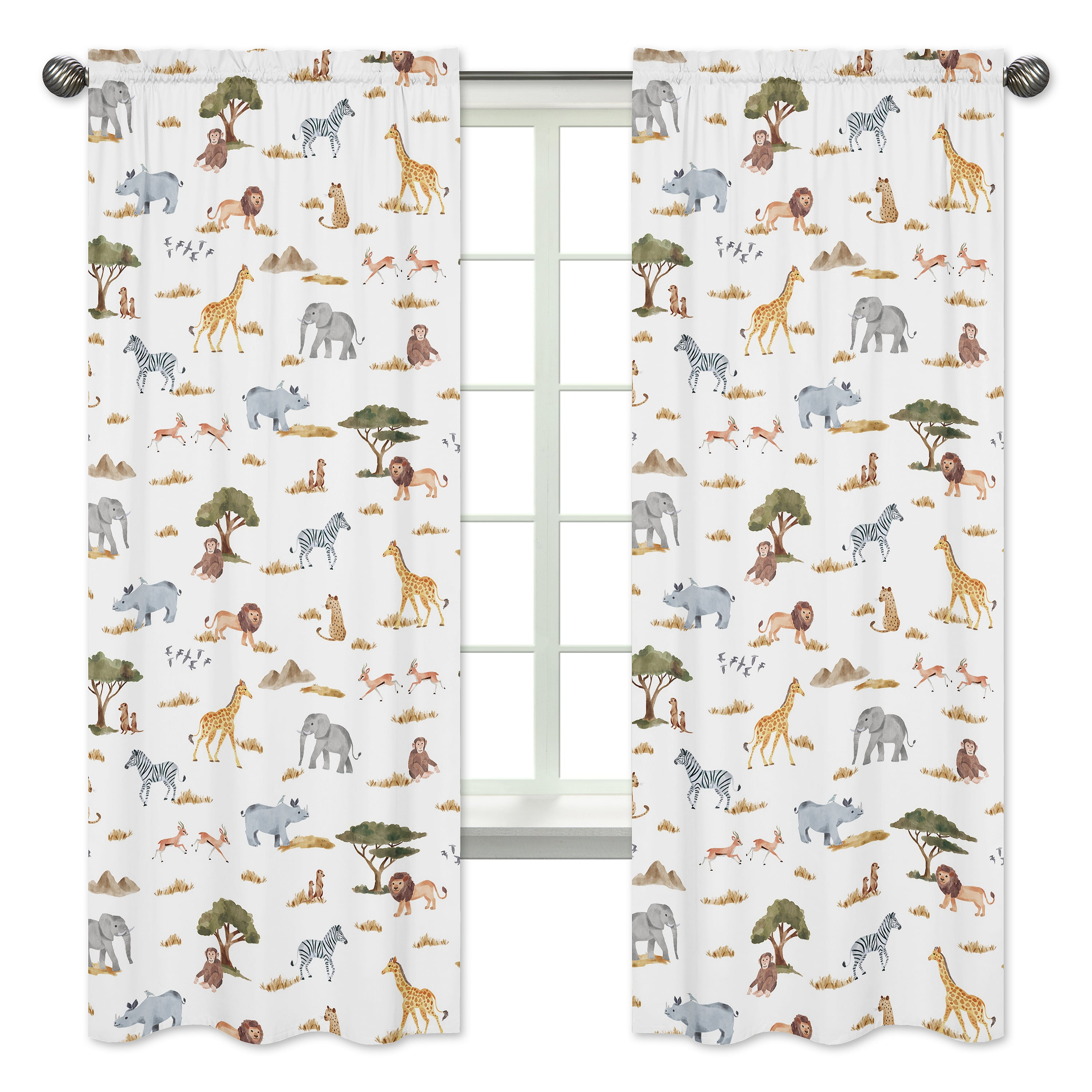 Jungle Safari Animals Sheer Black Rod Pocket Curtain Panels