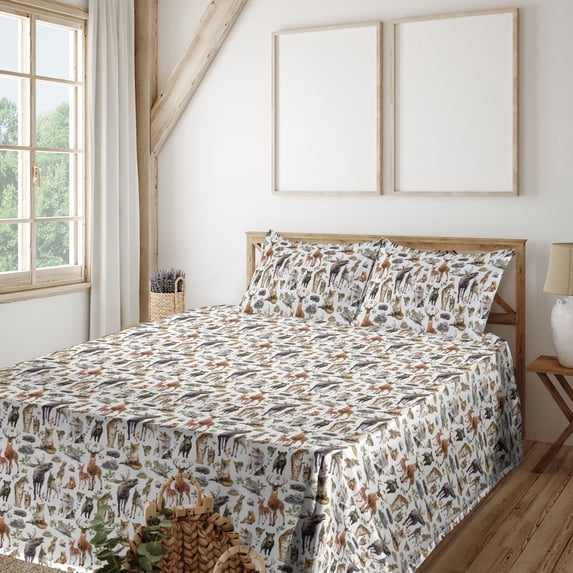Ambesonne Jungle Fitted & Flat Sheet with Shams 4 Pcs Set, Wild Nature Deer Tiger Fox, Calking, White Pale Cinnamon