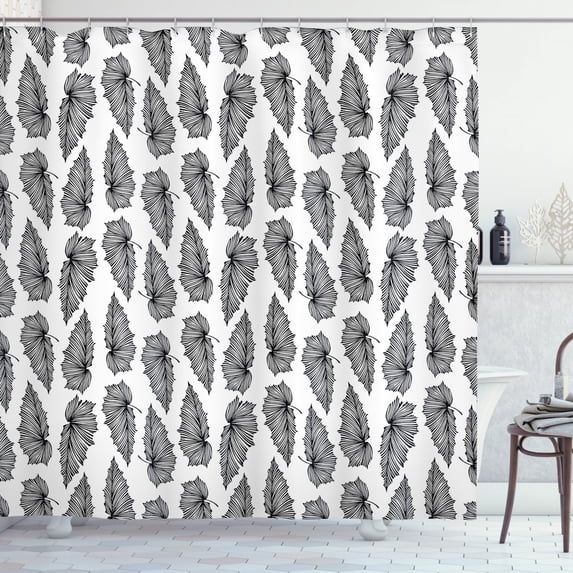 Jungle Shower Curtain, Natural Environment Theme Ecology Inspired Design with Exotic Forest Leaves, Fabric Bathroom Set with Hooks, 69W X 70L Inches, Black and White, by Ambesonne