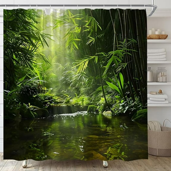 Jungle Shower Curtain Tropical Rainforest Forest Waterfall Spring Summer Nature Scenery Landscape Fabric Bathroom Curtains Decor Set 54"W x 72"L