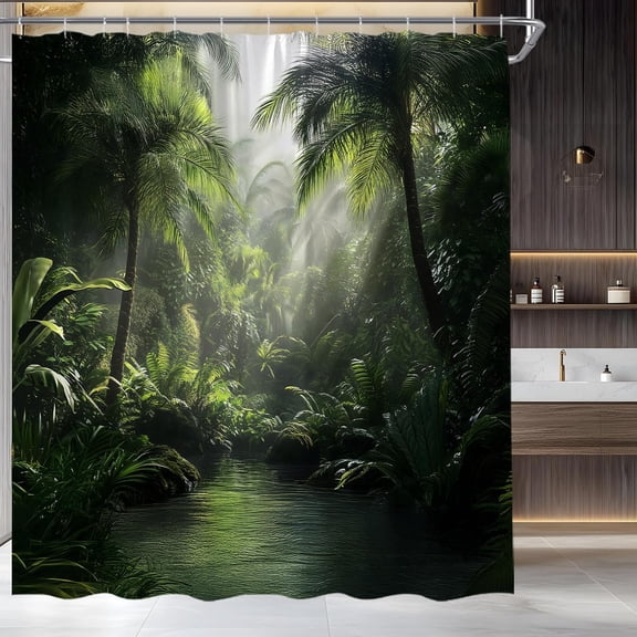 Jungle Shower Curtain Tropical Rainforest Palm Tree Leaves River Nature Scenery Landscape Fabric Bathroom Decor Set-48"W x 72"L (Pack of 1)