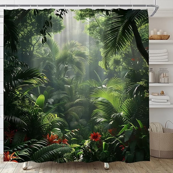 Jungle Shower Curtain Tropical Rainforest Plam Leaf Forest Flower Nature Scenery Summer Landscape Bathroom Curtains Decor Fabric Set Include Hooks 72"W x 84"L (Pack of 1)