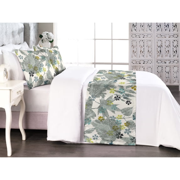 Jungle Silhouette Bed Runner Set, Abstract Leafy Pattern on Clover Flowers Pattern with Moths, Decorative Bedding Scarf & 2 Pillow Shams for Hotels Homes, Queen, Yellow Green Eggshell, by Ambesonne
