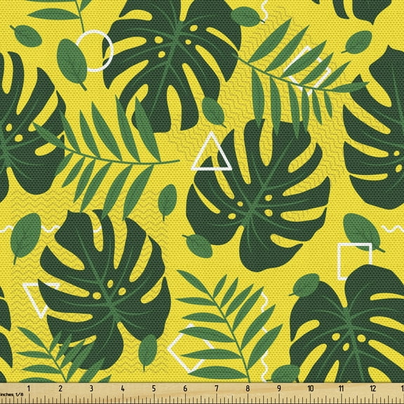 Jungle Sofa Upholstery Fabric by the Yard, Modern Design Monstera and Palm Leaves with Geometric Elements, Decorative Fabric for DIY & Home Accents, 3 Yards, Yellow Green by Ambesonne