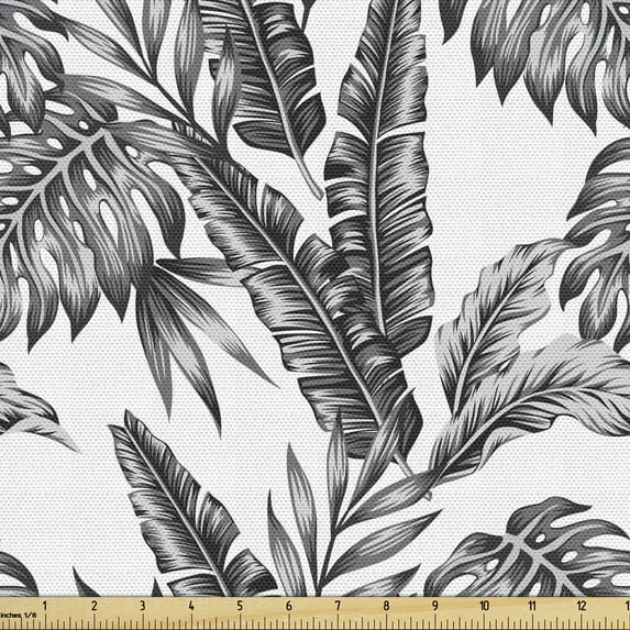 Ambesonne Jungle Fabric by the Yard Upholstery, Tropical Tree Leaves, 10 Yards, Black Grey White