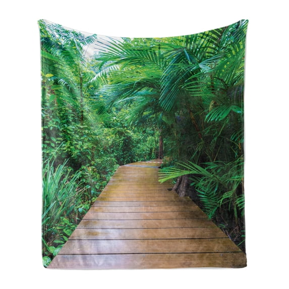 Jungle Soft Flannel Fleece Blanket, Deck Timber Jetty Exotic Getaway Wilderness Footpath Tropic Plants Rainforest, Cozy Plush for Indoor and Outdoor Use, 50" x 70", Pale Brown Green, by Ambesonne