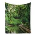 thumbnail image 1 of Jungle Soft Flannel Fleece Blanket, Deep Forest with Wooden Pier and River Refreshing Exotic Nature Wild Image, Cozy Plush for Indoor and Outdoor Use, 50" x 60", Hunter Green Brown, by Ambesonne, 1 of 6