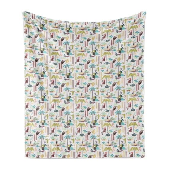Jungle Soft Flannel Fleece Blanket, Forest Trees Plants and Wild Animals in Cartoon Style Tropical Climate Nature Print, Cozy Plush for Indoor and Outdoor Use, 50" x 60", Multicolor, by Ambesonne