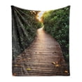 thumbnail image 1 of Jungle Soft Flannel Fleece Throw Blanket, Boardwalk In Mangrove Forest Sunlight Tunnel Sunset Autumn Green Leaves, Cozy Plush for Indoor and Outdoor Use, 70" x 90", Brown Green Yellow, by Ambesonne, 1 of 5