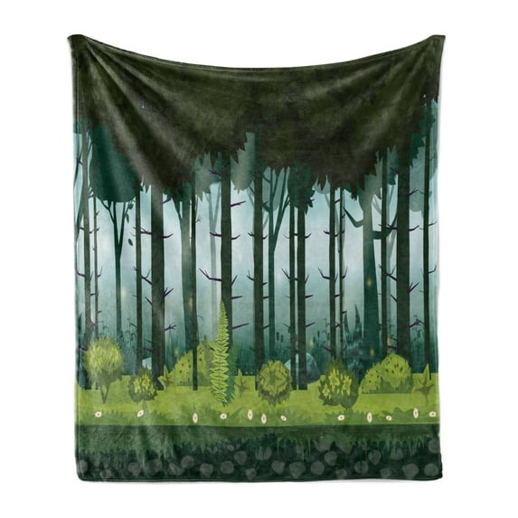 Jungle Soft Flannel Fleece Throw Blanket, Cartoon Trees Forest Grass at Twilight Illustration, Cozy Plush for Indoor and Outdoor Use, 50" x 70", Evergreen Blue, by Ambesonne