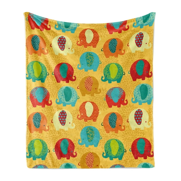 Jungle Soft Flannel Fleece Throw Blanket, Elephants Ornate Details Cartoon Jungle Mammal Thailand Zoo Animal, Cozy Plush for Indoor and Outdoor Use, 50" x 60", Multicolor, by Ambesonne