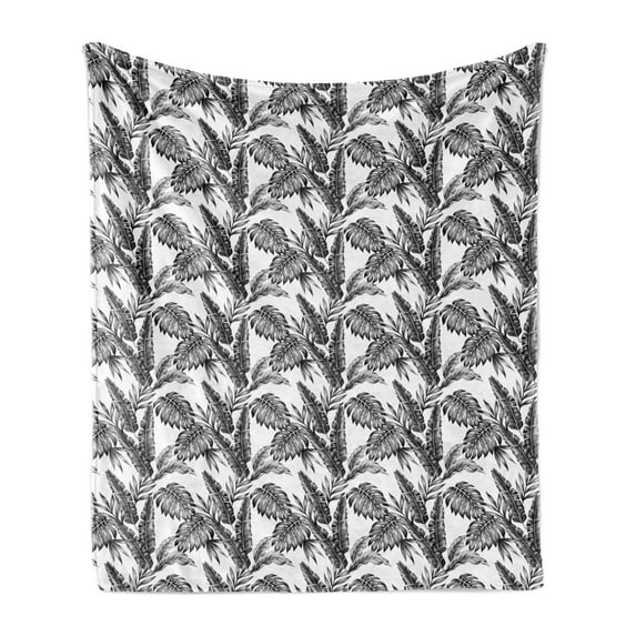 Jungle Soft Flannel Fleece Throw Blanket, Monochrome Tropical Plants Palm Monstera Banana Leaves Island Nature Theme, Cozy Plush for Indoor and Outdoor Use, 50" x 70", Black Grey White, by Ambesonne