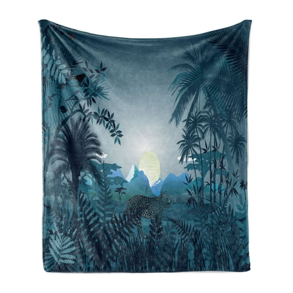 Jungle Soft Flannel Fleece Throw Blanket, Night in the Rainforest Wild Tiger Animal Moonlight Palm Shrubs Hazy Graphic Print, Cozy Plush for Indoor and Outdoor Use, 70" x 90", Teal, by Ambesonne