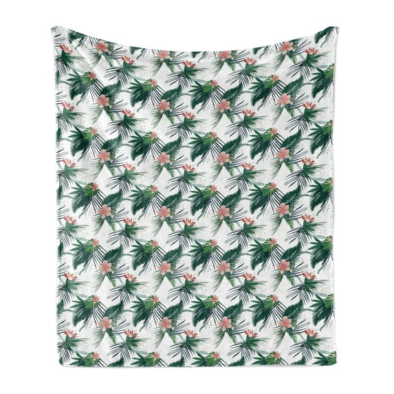 Jungle Soft Flannel Fleece Throw Blanket, Subtropical California Brazil Botanical Nature Green Leaves Flowers, Cozy Plush for Indoor and Outdoor Use, 50" x 70", Hunter Green Coral White, by Ambesonne