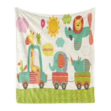 Jungle Soft Flannel Fleece Throw Blanket, Train with Baby Jungle Animals Saying Welcome Safari Theme Nursery Design, Cozy Plush for Indoor and Outdoor Use, 50" x 60", Multicolor, by Ambesonne