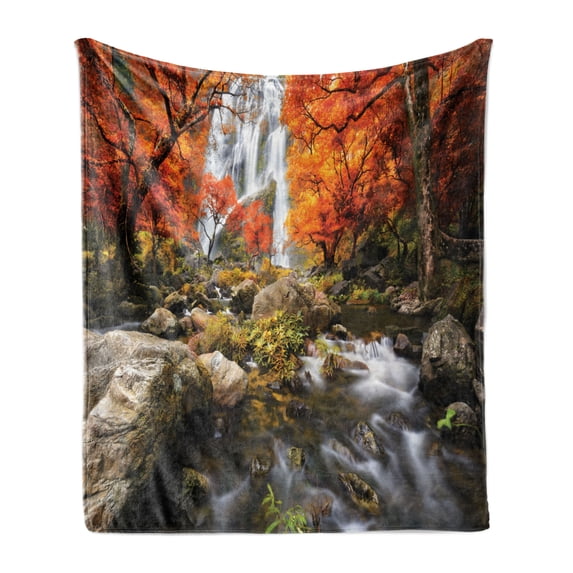 Jungle Soft Flannel Fleece Throw Blanket, Trees Scenic Thai Waterfall and River Park in The Autumn Season Stream on Rocks, Cozy Plush for Indoor and Outdoor Use, 60" x 80", Brown Orange, by Ambesonne