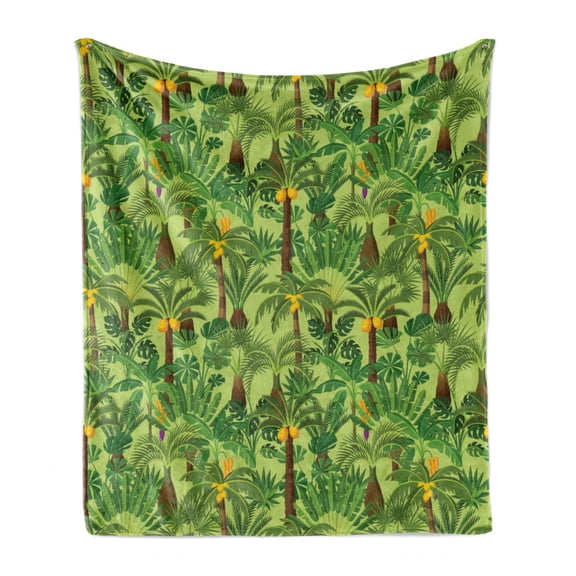 Jungle Soft Flannel Fleece Throw Blanket, Tropical Forest Foliage Leaves Plants Rainforest Eco Illustration, Cozy Plush for Indoor and Outdoor Use, 50" x 60", Olive Green Brown, by Ambesonne